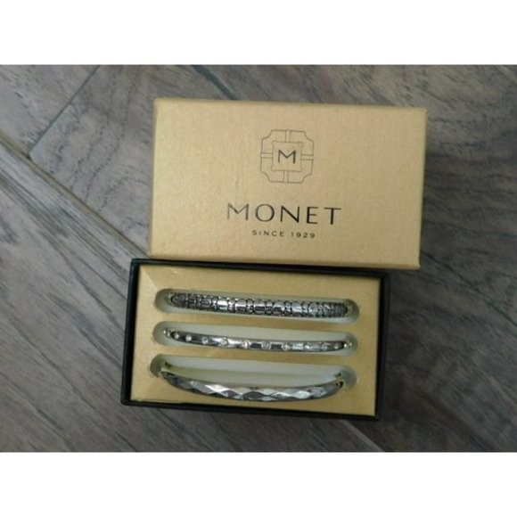 Monet Set 3 Silver Metal Bangle Bracelets NEW W/Box